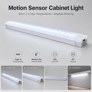 <b>Rechargeable</b> Motion Sensor <b>LED</b> Cabinet <b>Light</b>, 3 Color Temperature Stepless Dimmable Type-C Under Cabinet <b>Light</b> - Product Image 5