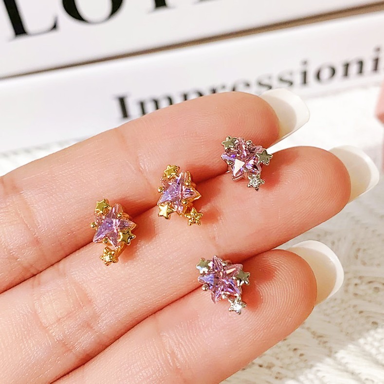 2025 Summer 18k Gold Plated Cute Designer Pink Cubic Zirconia Star Stud Earrings For Women
