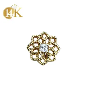 Calendo High Grade 14K Solid Yellow Gold End Mandala Flower Prong Setting Cubic Zirconia Threadless End Gold Body Jewelry