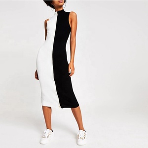Autunno nuovi arrivi con chiusura frontale con Zip abito da donna senza maniche elegante abito a <span class=keywords><strong>maglia</strong></span> lungo di colore nero bloccato <span class=keywords><strong>bianco</strong></span> - Product Image 1