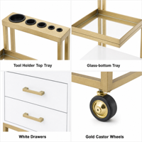 Chariot de Salon de Luxe en Bois Blanc et Doré avec Tiroirs et Roulettes pour Coiffure, Esthétique et Spa