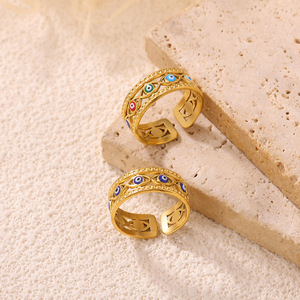 Bague ouverte vintage en émail coloré effet goutte d'huile, motif yeux du diable, bijoux inaltérables, résistants à l'eau, en or 18 carats - Product Image 2