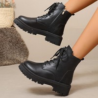 Bottes de combat à plateforme pour femme, doublure en tissu, lacets, semelle épaisse à crampons, fermeture éclair latérale, tige en PU, style motard, hiver, noir