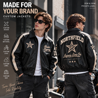 Blouson Bomber en Cuir Personnalisé avec Logo, Manches à Rayures de Course, Applique Étoile, Broderie Script, Fermeture Éclair Avant – Fabricant OEM