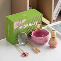 Ensemble de thé matcha en céramique de style japonais Flower Rhyme, ensemble de 4 pièces, bol à thé en céramique, boîte verte cadeau