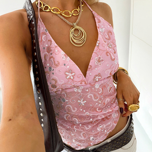 Haut à paillettes brodé pour femmes, dos nu, à nouer, sans manches, camisole Y2K, sexy, pour soirée, club, été - Product Image 3