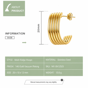 Pendientes de Aro con Múltiples Aros, Acero Inoxidable, Chapado al Vacío en Oro de 14K, Cinco Líneas Redondeadas Paralelas, Diseño Curvo Abierto - Product Image 2