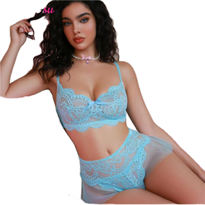 Damen Sexy Dessous-<span class=keywords><strong>Set</strong></span> Spitze Ultradünner BH & Slip <span class=keywords><strong>Set</strong></span> Blumenmuster Durchsichtige Unterwäsche Dreiteiliges <span class=keywords><strong>Set</strong></span> Push-Up Korsett-Anzug - Product Image 2