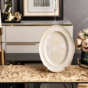 Oval Beige <b>Ceramic</b> Platter With Floral Engraving Gold Rim Modern Luxury Dinnerware Decorative Serving Tray - Product Image 1