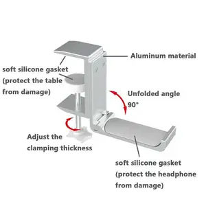 GMTA折りたたみ式調節可能ベッドフレームアルミゲーミングヘッドセットスタンドアンダーデスクヘッドフォンホルダー、ユニバーサルヘッドフォンフック用