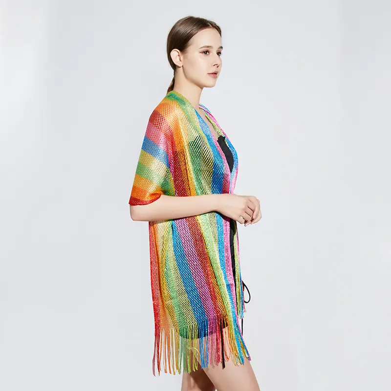 2024 New European and American Style Sexy Rainbow Stripe Long Beard Sunscreen Shawl Scarf Beach Sunscreen Scarf