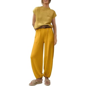 Loveda Custom Private Label Mujeres Sólido Leggings <span class=keywords><strong>Set</strong></span> de manga corta a rayas de dos piezas Mujeres Lounge Sets con bolsillos - Product Image 5