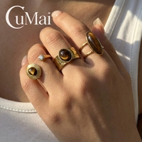 CUMAI Bague en acier inoxydable plaqué or 18 carats avec œil de tigre vintage pour femme, anneau ouvert martelé à pierre ovale, bijoux de mode rétro