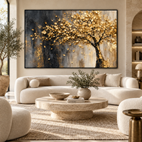 Arbre de prospérité à feuilles dorées, peinture sur toile texturée 3D, art mural de luxe pour hôtel, villa, salon, couloir