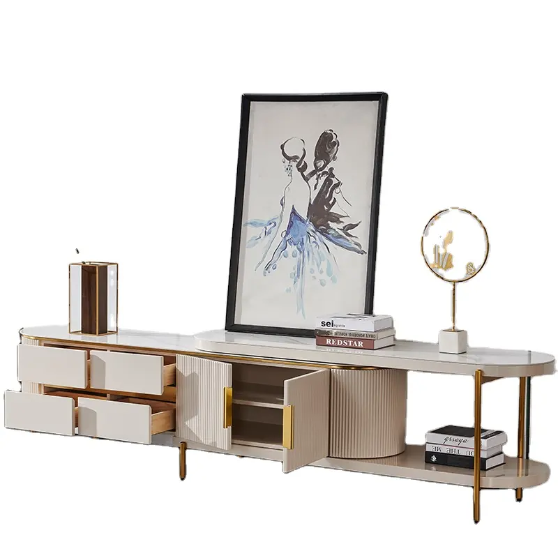 2024 YOUTAI nouveau meuble de meuble TV moderne de style confortable crème et table basse avec cadre doré de luxe