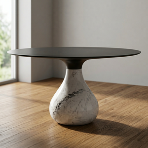 Modern Round Marble Base Dining <b>Table</b> with Black Top Minimalist Design for Home Furniture - Product Image 1