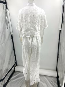 Set Due Pezzi Donna con Camicia Bianca a Maniche Corte e <span class=keywords><strong>Pantaloni</strong></span> Lunghi, Cintura Annodabile, Taglie S-XL, Copricostume <span class=keywords><strong>in</strong></span> <span class=keywords><strong>Maglia</strong></span> per Spiaggia - Product Image 3