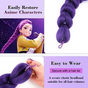 Perruque tressée violette Rumi, 65cm, perruque de cosplay en fil de haute qualité, couleur violet foncé, pour un style jeune et féminin - Product Image 4