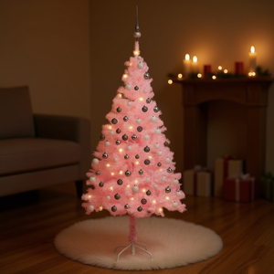 Árbol de Navidad Artificial de PVC Rosa Preiluminado de 47.2 Pulgadas con Juego de Bolas, Luces LED Cálidas, Decoración de Árbol de Interior - Product Image 2