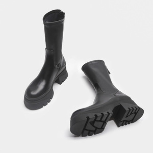 Botas De Platform Thick Sole Chunky Heel Black Leather Women's Midi <b>Boots</b> - Product Image 4