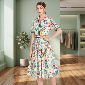 Vestido de Fiesta de Verano 2026 de Alta Calidad, Nuevo, para Mujer, Cintura Imperio, Cuello Camisero, Estampado Floral Colorido, Manga Corta, Largo Midi - Product Image 3