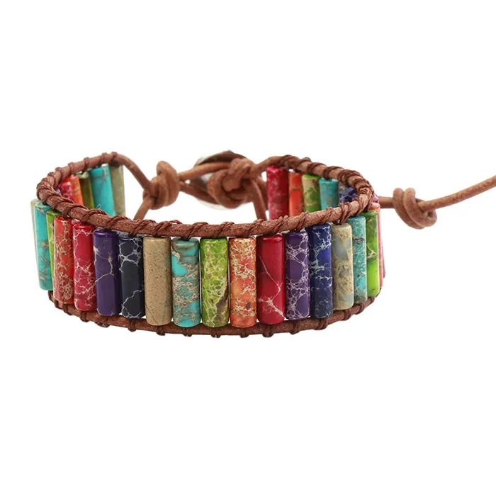Charm Rainbow handmade Men Bangle unisex womens leather Raw Set Beads Gemstone tila chakra wrap jewelry Natural stone bracelets
