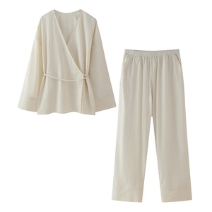 Ultima moda elegante Set di Kimono Premium <span class=keywords><strong>con</strong></span> <span class=keywords><strong>pantaloni</strong></span> da donna per la casa cravatta <span class=keywords><strong>con</strong></span> Top in tinta unita <span class=keywords><strong>pantaloni</strong></span> da donna S280 - Product Image 1