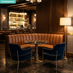 Asientos de Restaurante Vintage, Banqueta Curva de Cuero Marrón con Mesa Redonda de Mármol, Juego de Muebles para Comedor - Product Image 1