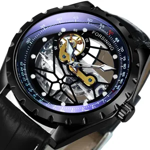 FORSINING-Reloj de pulsera automático para hombre, de lujo, con esqueleto de araña, Tourbillon volador, puente de cuero negro, TM392G