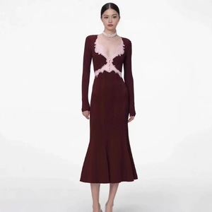 A11697 Nuovo Abito Lungo Elegante Primaverile, Sexy con Scollo a V in <span class=keywords><strong>Pizzo</strong></span>, Vita Impero, Tinta Unita, Antistatico, Lunghezza Maxi - Product Image 3