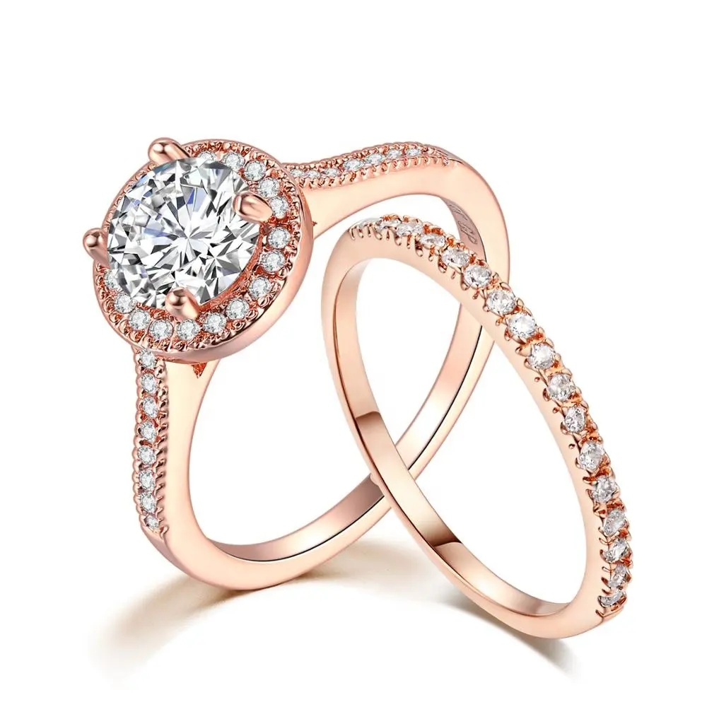 Luxury Prong Setting Round Cut CZ Stone 2pcs Bridal Band Set Rose Gold Wedding Ring Set for Women SR781