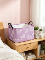 Panier de rangement pliable moderne en tissu imprimé papillons blancs et violets avec poignées noires pour la maison, la chambre, les jouets et les vêtements