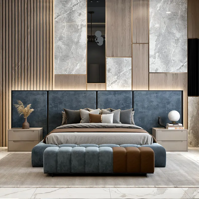 Toptan tam set tek ikiz kraliçe kral yatak odası mobilyası keten kumaş yatak Modern 5 yıldız otel yatak setleri