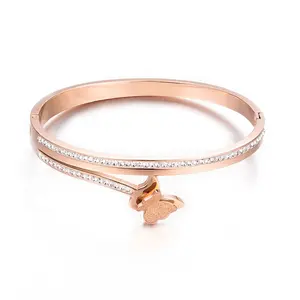 Fashion Women Accessories Rose Gold Stainless Steel Rhinestone Charm Butterfly Bangle