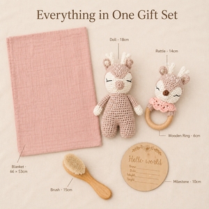 Set Regalo per Neonato con Sonaglio a Forma di Animale all'Uncinetto, Giocattolo a Maglia in Peluche di Cotone, Massaggiagengive Rotondo Unisex in Legno di Faggio e Anello da Dentizione - Product Image 3