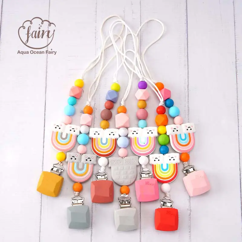 Wholesale Baby Teething Chain strap Custom Logo baby silicone wooden beads pacifiers dummy holder clip