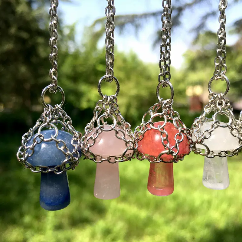 2022 Newest Mushroom Pendant Necklace Crystal Stone Titanium Steel Chain Handmade Woven Jewelry For Women
