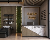 Service de design d'intérieur sur mesure pour barbier minimaliste, aménagement moderne de salon de coiffure avec station éclairée par LED