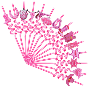 Customized Color Cowboy Themed Glitter Sparkle Waterproof Decorative Drinking Spiral Straw PVC Silicone Western Model Promotion