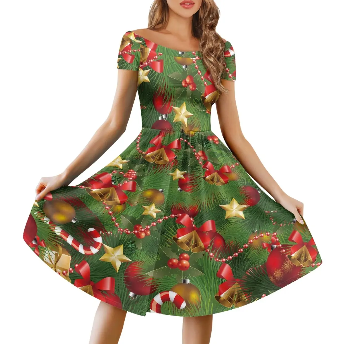 Productos de tendencia Moda fuera del hombro Vestido de manga corta Vestido de fiesta de Navidad con Árbol de Navidad Patrón de campana de muñeco de nieve