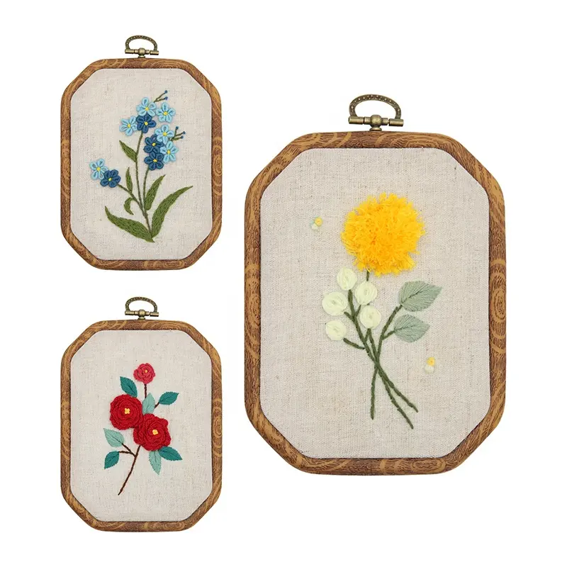 Flower Plant Cross Stitch Kit Needlework Tool Imitated Wood Rubber Embroidery Hoop Embroidery Starter Kit DIY Sewing Craft Kit