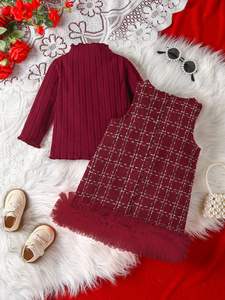 طقم فستان أحمر مخملي للفتيات مع بلوزة محبوكة وتنورة من التول، زي للعطلات والحفلات وأعياد الميلاد - Product Image 2