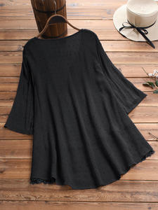 ラージサイズM-5XLレディースヴィンテージVネック半袖ホローアウトブラウスソリッドカジュアルフリルコットンリネンシャツルーズトップブラウス - Product Image 5