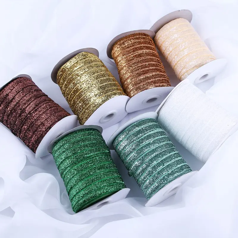 High Quality 5/8 Inch 15MM Elastic Colorful Metallic Glitter Velvet Ribbon for Christmas Party Decoration