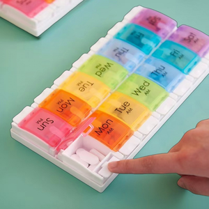 Boîte à pilules PP à double rangée de 7 jours 14 grilles boîte de rangement hebdomadaire en plastique <span class=keywords><strong>matin</strong></span> et <span class=keywords><strong>soir</strong></span> boîte à pilules portable diviseur de voyage - Product Image 4