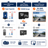 Caméra embarquée double 2K QHD avant + 1080P arrière, écran tactile capacitif IPS 2 pouces, DVR, prise en charge 256 Go, capteur G, personnalisation OEM