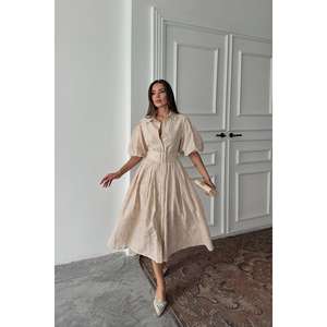 Elegante Vestido Beige Corte A con Mangas Abullonadas Plisadas, Cuello Camisero, Cintura Natural, Tejido Transpirable para Uso Diario - Product Image 2