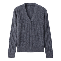Damen 100% Wolle Zopfmuster V-Ausschnitt Strickjacke mit Knopfleiste Langarm Gerippte Strickware Oberbekleidung OEM-Hersteller