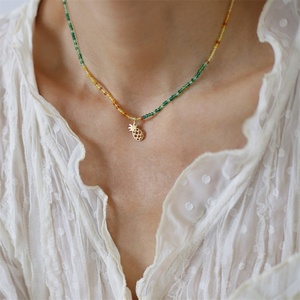 Dainty Gold Plated Stainless Steel Crystal Beaded Chain <b>Pineapple</b> Pendant <b>Necklaces</b> for Women - Product Image 3