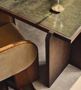 Custom Luxury <b>Solid</b> Oak Dining Set Rectangle Burl <b>Wood</b> Veneer <b>Table</b> & Curved Back Velvet Dining Armchairs For Home Dining Space - Product Image 2